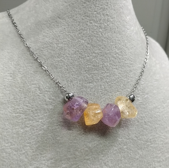 Citrine Amethyst Necklace Natural Gemstone Crystal Pendant Stainless-Steel 19.5" - Picture 7 of 11